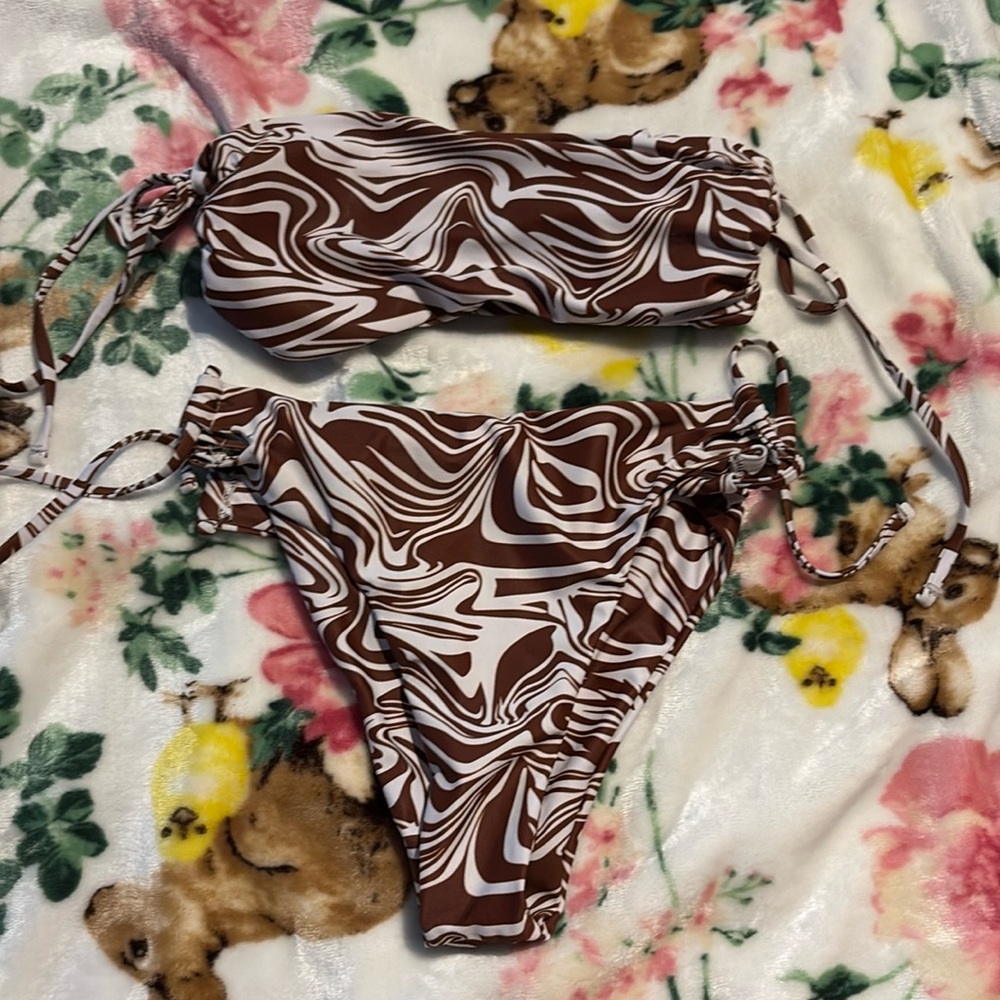 Brown & White Swirl Bandeau Bikini Set